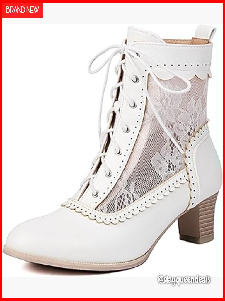Vintage Victorian Ankle Boots Kitten Heel Lace Up Round Toe Witch Granny Booties